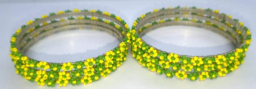 Green and Yellow Floral Beads Bangles(set of 4 ) view 3