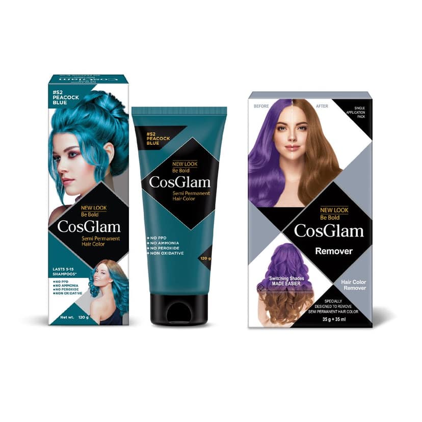 COSGLAM Semi Permanent Hair Color Peacock Blue 120g and Hair Color Remover 70ml, Switching Shades Made Easy