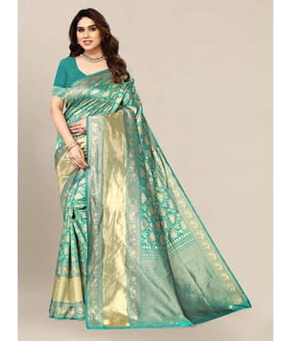 Om Shantam Sarees Banarasi Silk Embellished Saree With Unstitched Blouse Piece ( Multicolour )