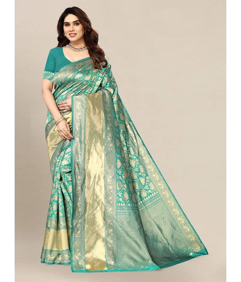 Om Shantam Sarees Banarasi Silk Embellished Saree With Unstitched Blouse Piece ( Multicolour )
