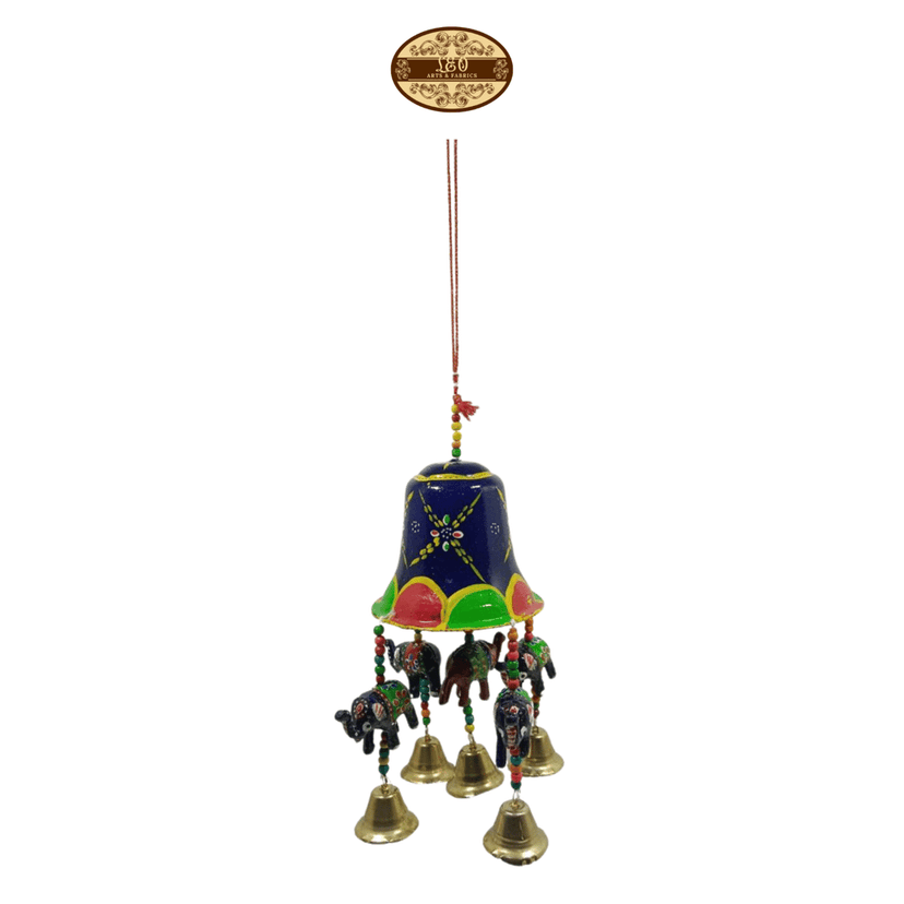 Handcrafted Large Wind chime, Navy Blue, with Multicolored Elephants, Bells, 30cm view 2