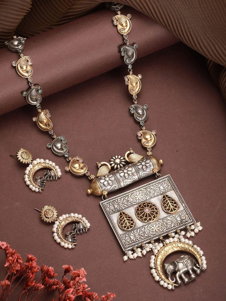 Oxidised Dual Toned Statement Fusion Tribal Elephant Leafy Contemporary Long Pendant Jewellery Set