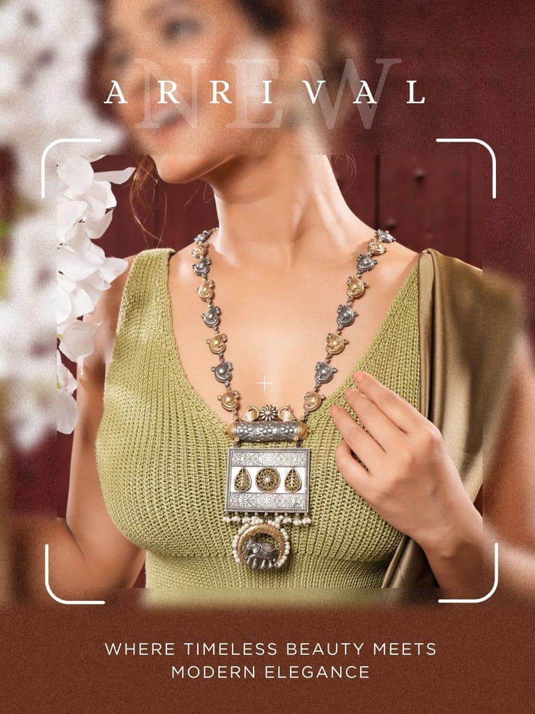 Oxidised Dual Toned Statement Fusion Tribal Elephant Leafy Contemporary Long Pendant Jewellery Set view 3