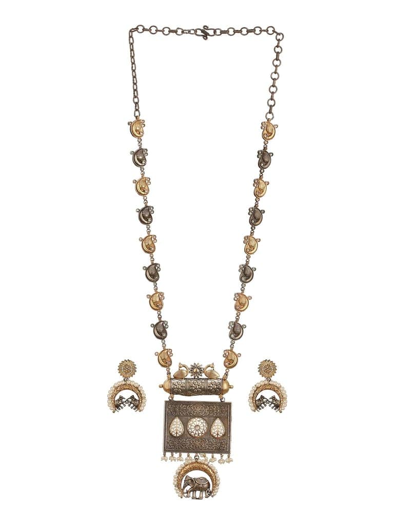 Oxidised Dual Toned Statement Fusion Tribal Elephant Leafy Contemporary Long Pendant Jewellery Set view 4