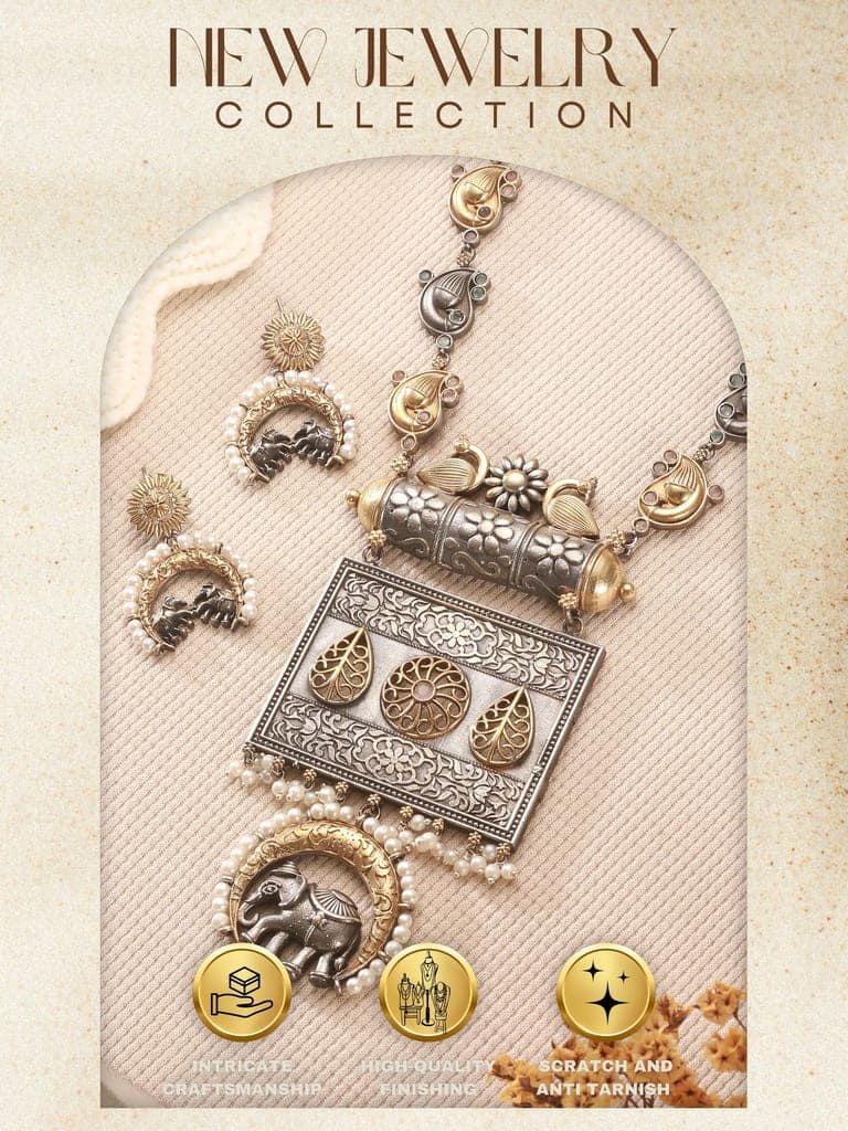 Oxidised Dual Toned Statement Fusion Tribal Elephant Leafy Contemporary Long Pendant Jewellery Set view 5