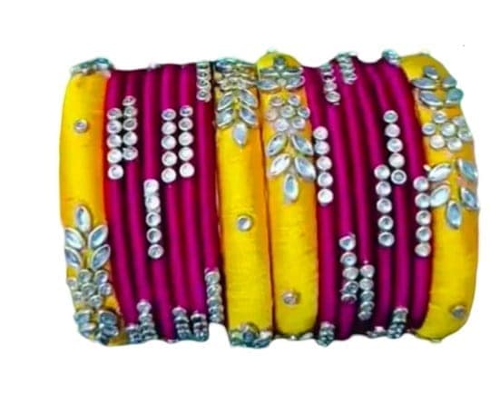 Set of 8 Silk Thread Bangles with Kundan and Pearl Embellishment - Yellow and Pink