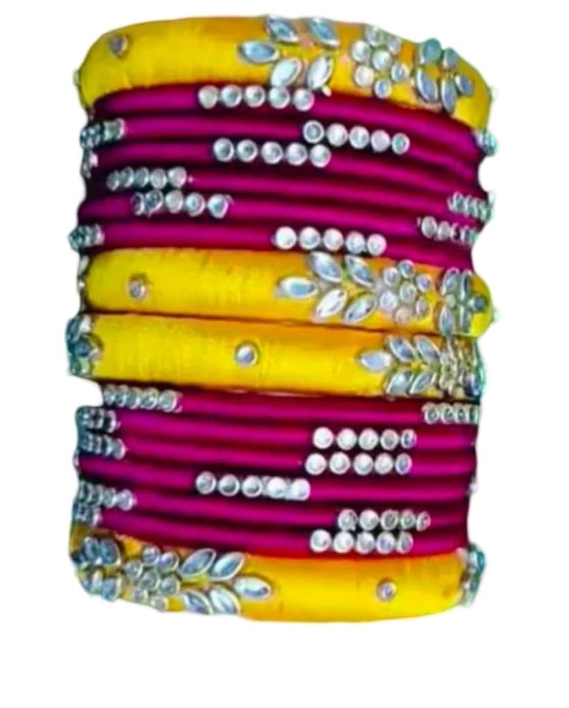 Set of 8 Silk Thread Bangles with Kundan and Pearl Embellishment - Yellow and Pink view 2