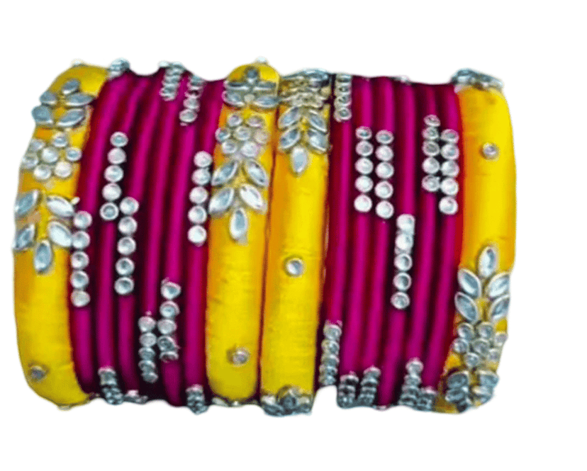 Set of 8 Silk Thread Bangles with Kundan and Pearl Embellishment - Yellow and Pink view 3