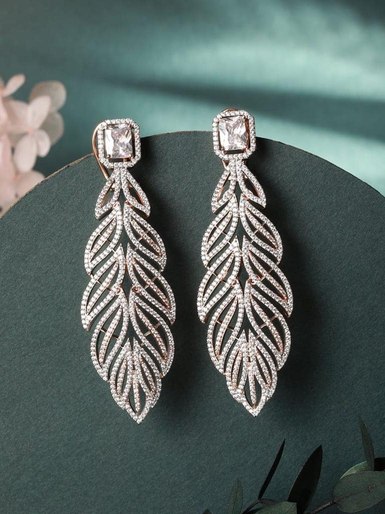 Rose Gold plated Leaf Design AD studded Earrings view 2