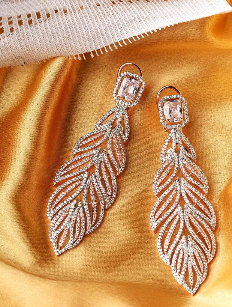 Rose Gold plated Leaf Design AD studded Earrings view 3