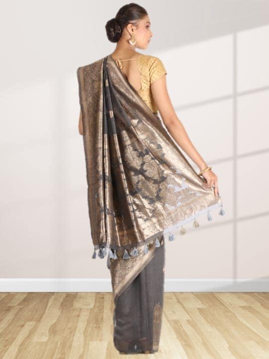 Grey Linen Saree With Foil Print view 2