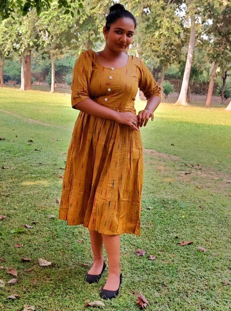 Pure Cotton Ikkat Dress Mustard Colour (Size XXS(32) to Plus Size(56))-8675