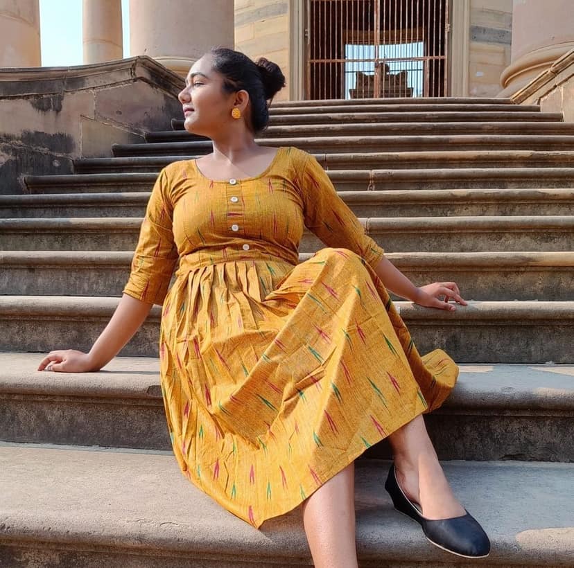 Pure Cotton Ikkat Dress Mustard Colour (Size XXS(32) to Plus Size(56))-8675 view 4