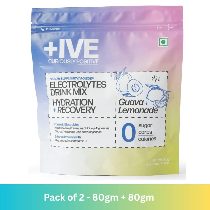 Curiously +IVE Electrolytes Drink Mix - Assorted Flavour (Lemonade + Guava) - Pack of 2 - 80gm + 80gm (4g x 40 Sachet), Zero Sugar, Zero Carbs, Zero Calories, Hydration + Recovery Supplement