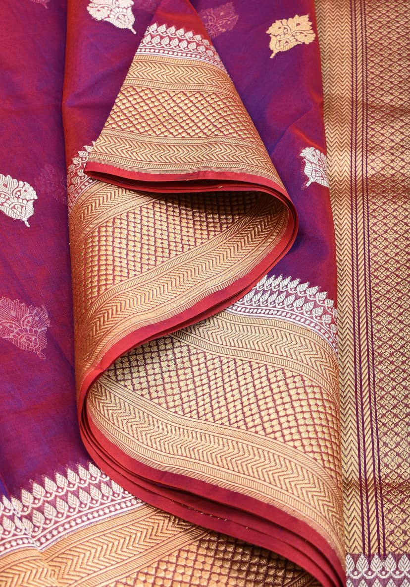 Pure Banarasi Kora Silk Saree in Dual Tone Purple Red with Golden Borders | SILK MARK CERTIFIED view 4