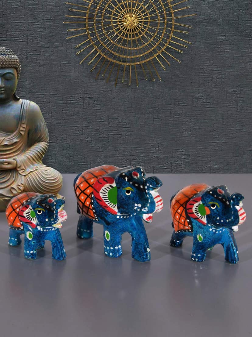 DreamKraft Paper Mache Elephant Showpiece (Set of 3, Blue) view 2