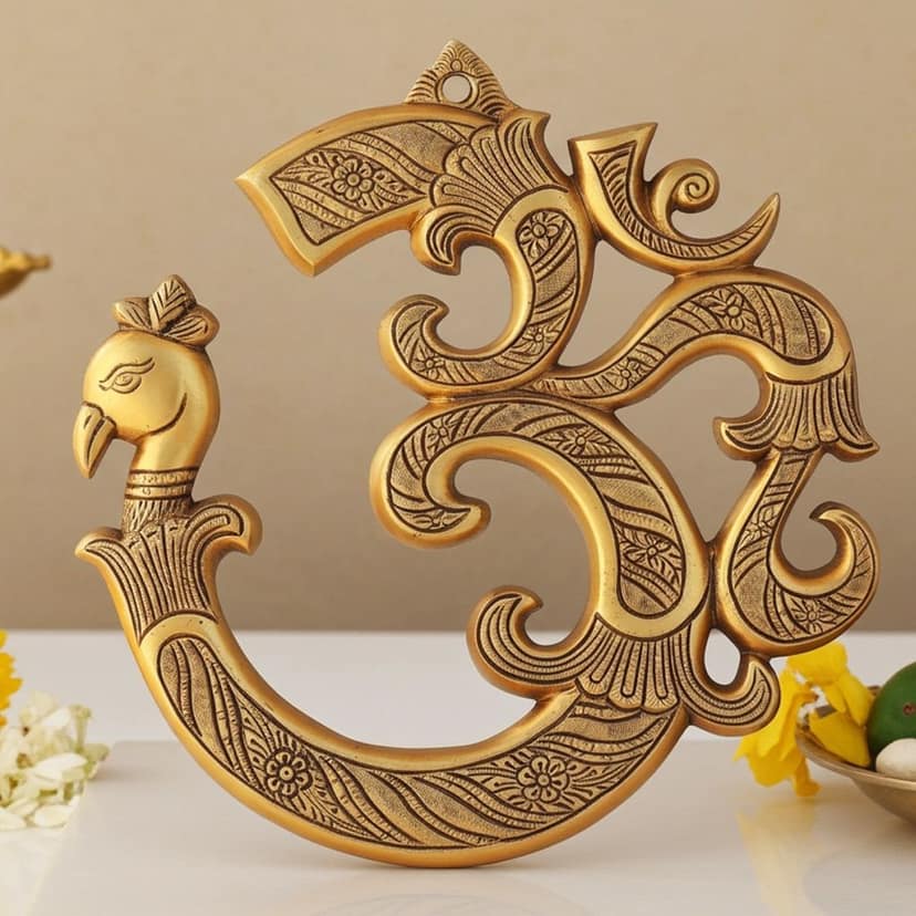Brass Showpiece Wall Hanging Om With Peacock Statue, Height : 11 Inch (BSMAS1633 D)