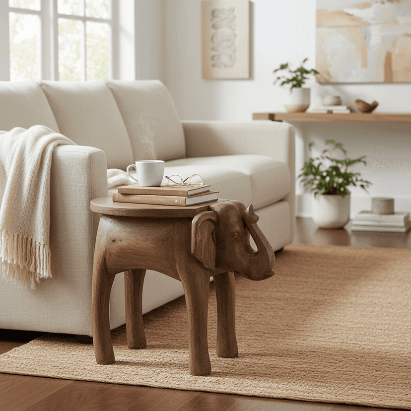 Handcrafted Wooden Side Table Natural Brown | Elephant Shaped view 2