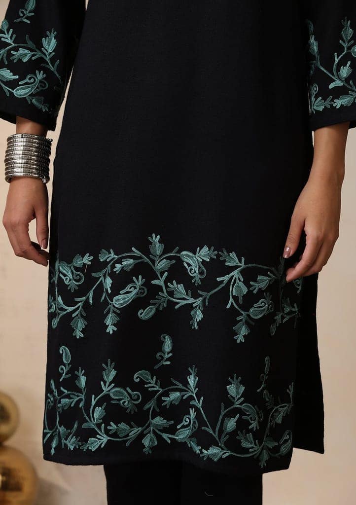 HOC Crafts Aari Embroidered Woollen Solid Women's Long Kurta - Black view 6