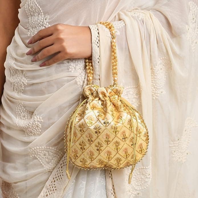 Exquisite Hand Embroidered Potli Bag with Pearl Handle for Women view 3