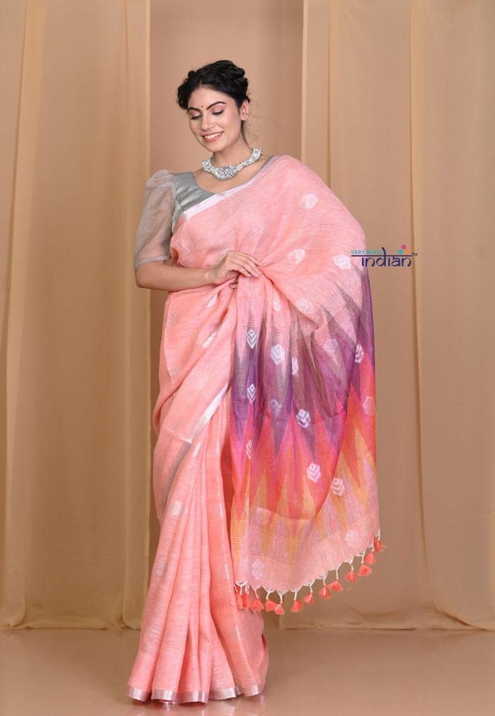 Pehal~Pale Cherrypink High Thread Count Organic Linen with Multicolor Ikkat Pallu