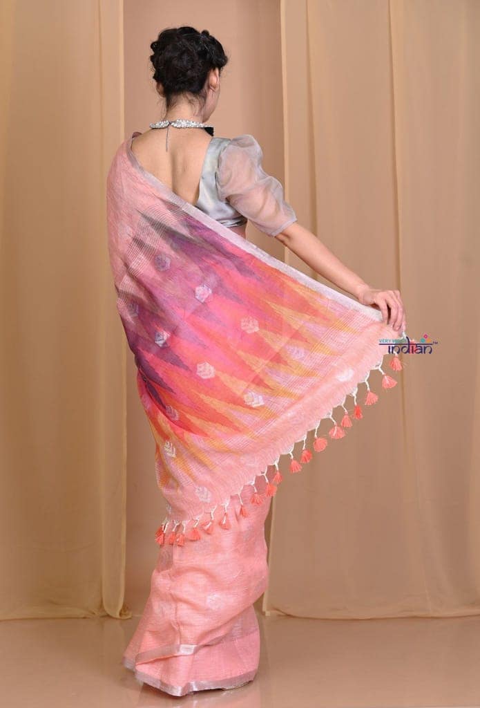 Pehal~Pale Cherrypink High Thread Count Organic Linen with Multicolor Ikkat Pallu view 3