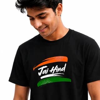 Black and White Jai Hind Printed Pure Cotton Round Neck Printed T-Shirt For Men