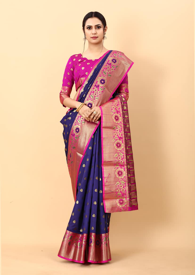 Yavira silk Women's Navy Handwoven Silk Blend Saree view 2