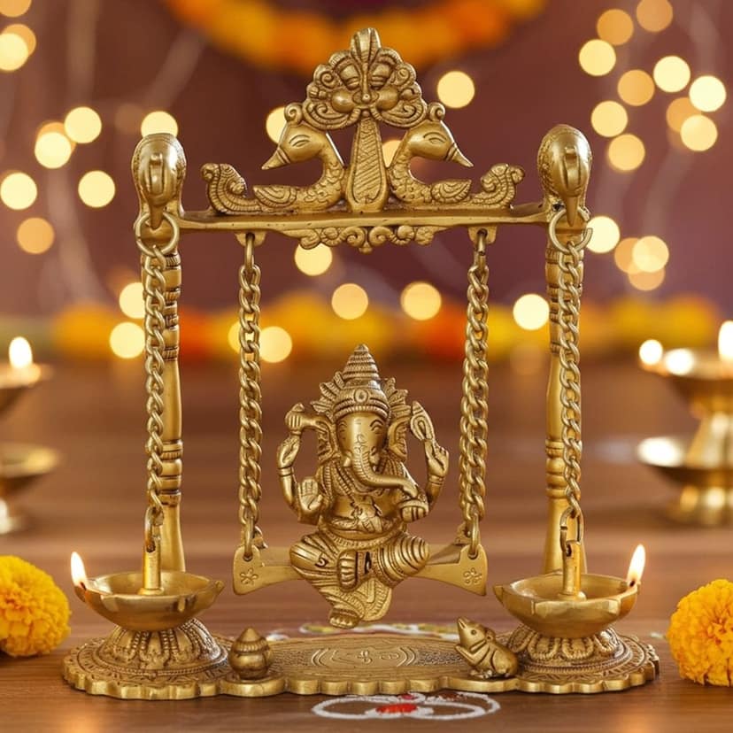 Brass Ganesh Jhula With Parrot And Deepak (BSMAS1068 A)