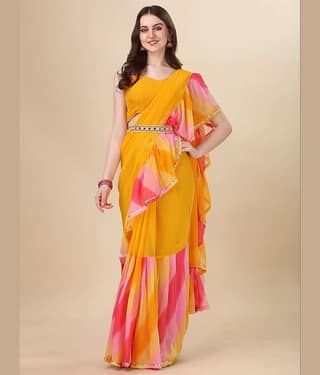 BLEESBURY Georgette Solid Saree With Unstitched Blouse Piece ( Yellow )
