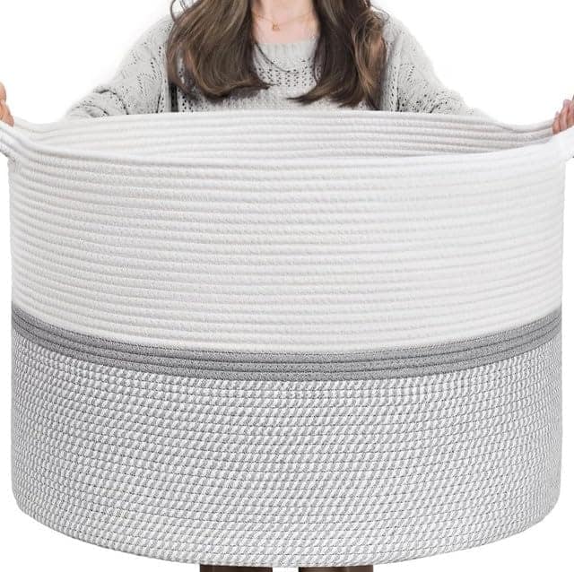Generic Cotton Dori 16x14 Inch Storage Basket For Clothes With Out Lid (White-Gray-White)-PID66467