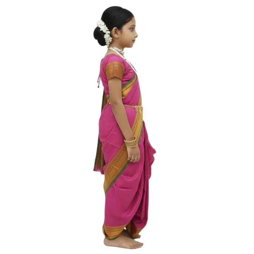 Mom and Me Peshwai Nauwari Saree for Kids (1–10 Years) Ready to Wear Maharashtrian Traditional Dress | Belgaon Silk with Cotton Lining | Stitched Blouse Included (Pink, 4-5 Years) view 2