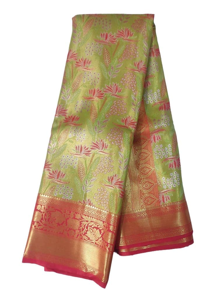 Green and red silk saree with floral motifs