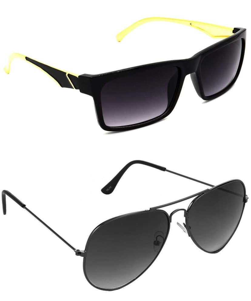 HRINKAR Unisex Rectangular Sunglasses Golden & Grey Frame, Grey Lens (Medium) - Pack of 2
