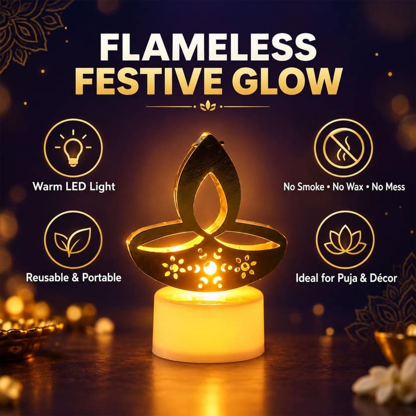 Golden Diya LED Tealight Candles for Diwali Puja and Home Decor (6 Pc Set) view 2