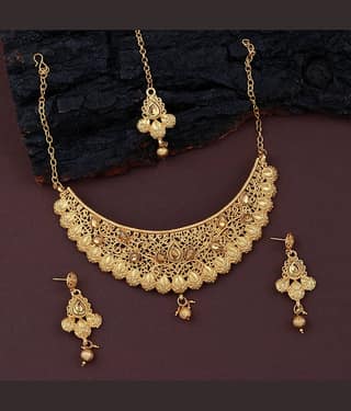ShreejiHuf Alloy Golden Traditional Necklaces Set Choker