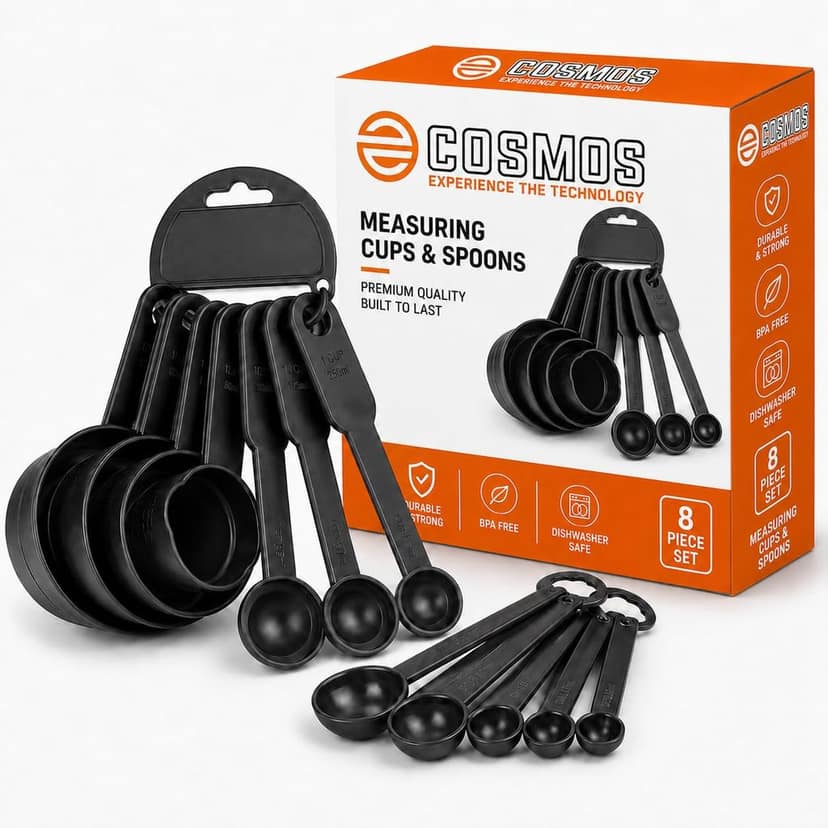 E-COSMOS® Plastic Measuring Spoon and Cup Set, 8-Pieces (Black, Pack of 1), Mix Size (EC-Cup-Black)