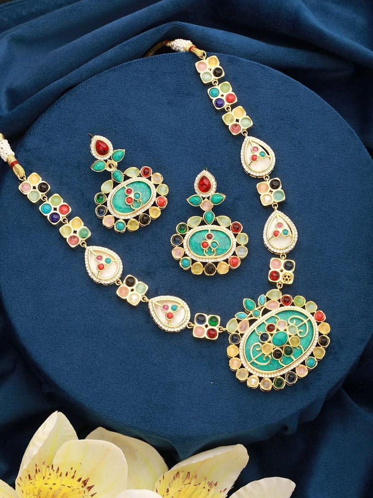 Gold plated Turquoise Blue Nav Ratan Kundan Floral Raanihaar Jewellery Set view 2