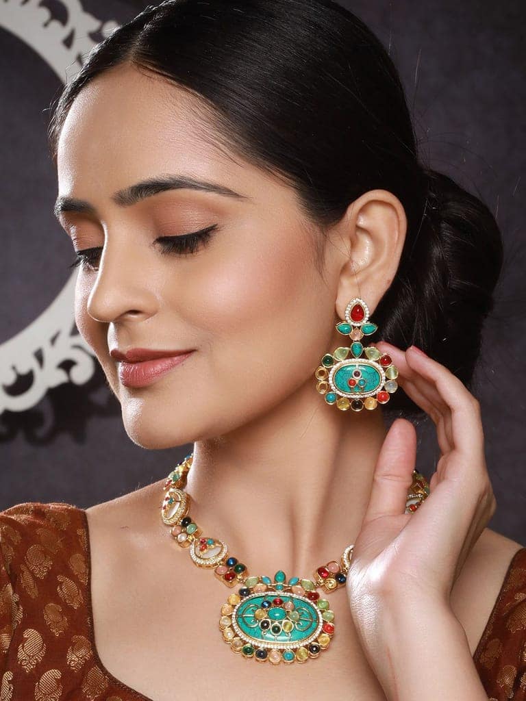 Gold plated Turquoise Blue Nav Ratan Kundan Floral Raanihaar Jewellery Set view 3