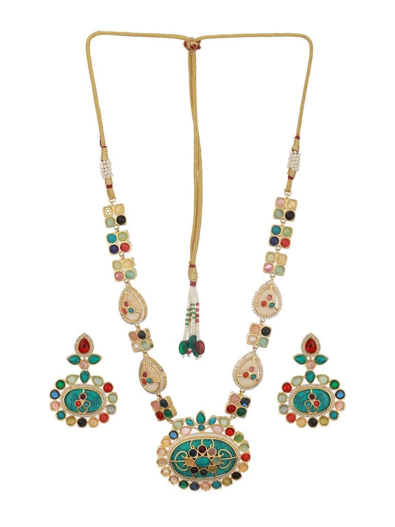 Gold plated Turquoise Blue Nav Ratan Kundan Floral Raanihaar Jewellery Set view 4