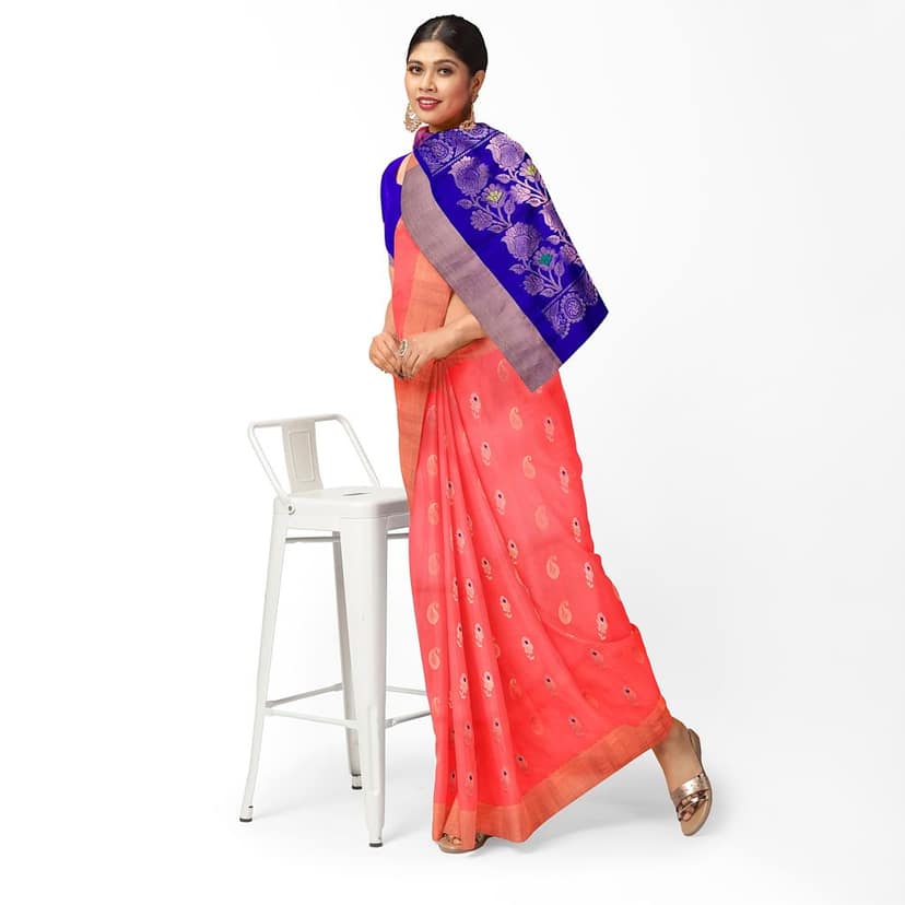 Peach Pink Color Beautiful Mango & Meena Work Rose Flower Butta Pure Kanjivaram Silk Saree view 2