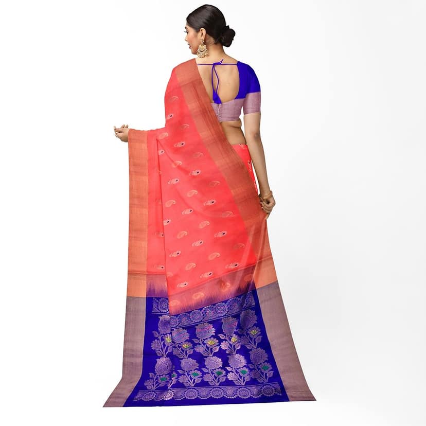 Peach Pink Color Beautiful Mango & Meena Work Rose Flower Butta Pure Kanjivaram Silk Saree view 3