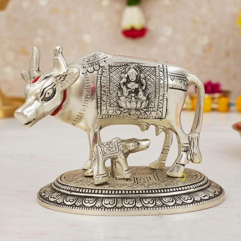 Aluminium Cow Idol ? Sacred Silver Metal Artwork, Height : 4.2 Inch (ASMAS480 S)