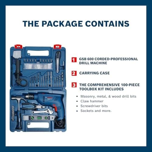BOSCH GSB 600 Corded Electric Impact Drill, 100Pcs Accessory Set | 600 W Motor | Speed of 3000 RPM | Rated Torque of 1.4 Nm | Impact rate of 48000 BPM | Double Insulation 1 Year Warranty Multicolour view 3