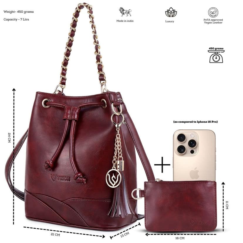 VISMIINTREND Stylish Bucket Bag for Women, Girls | Crossbody Detachable Strap Drawstring Closure Handbag | Pu Vegan Leather Handbag with Wallet & Purse view 5