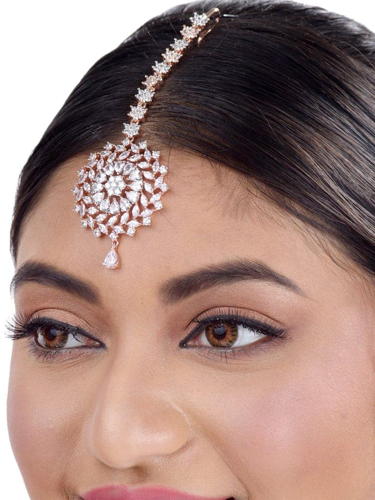 Stunning Floral Diamond Maang Tikka Round & Rose Gold plated for Women & Girls view 5