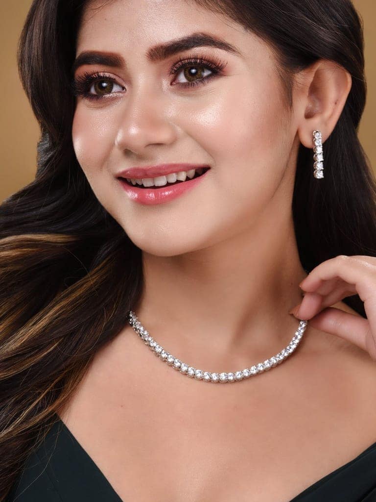 White Rhodium Plated AD studded Necklace Earrings Jewellery Set view 2
