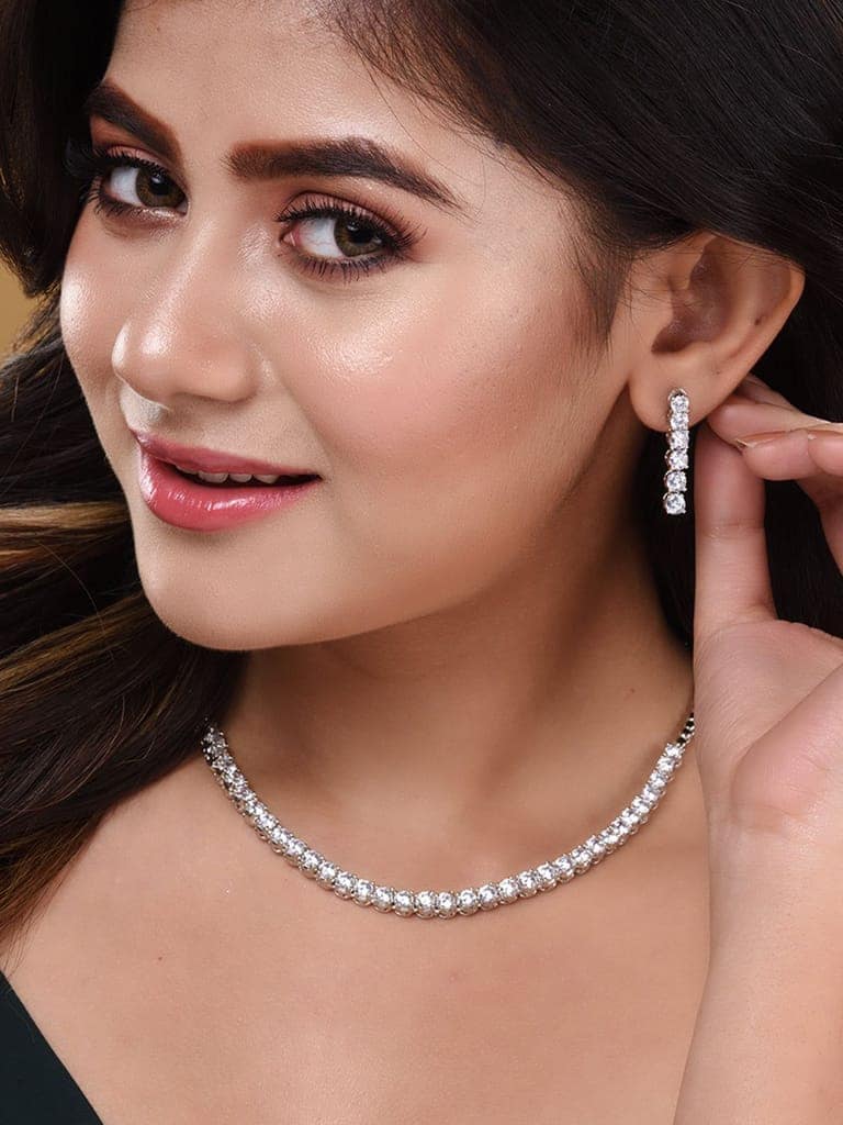 White Rhodium Plated AD studded Necklace Earrings Jewellery Set view 3