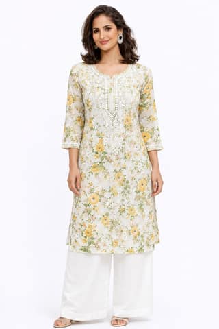 Women’s Printed Soft Cotton Chikankari Kurti with Lucknowi Hand Embroidery | 3/4 Sleeve | 46 Inch Length | Sizes 38-46