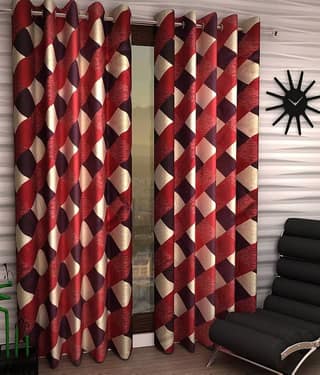 N2C Home Geometric Semi-Transparent Eyelet Curtain 7 ft ( Pack of 2 ) - Red